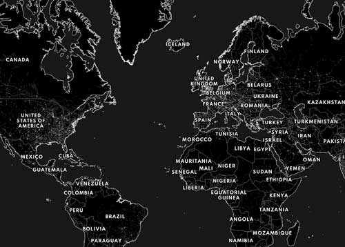 Mapify map style preview. Classic Black style with map of World for use on Mapify map phone cases.
